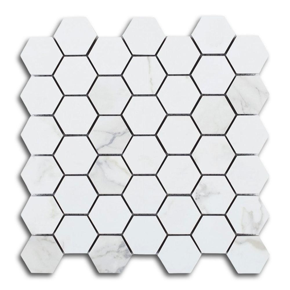 2" Borneo Calacatta Dorado Matte Hexagon Marble Laminated Porcelain Mosaic Tile 2" Borneo Calacatta Dorado Matte Hexagon Marble Laminated Porcelain Mosaic Tile - American Tile Depot