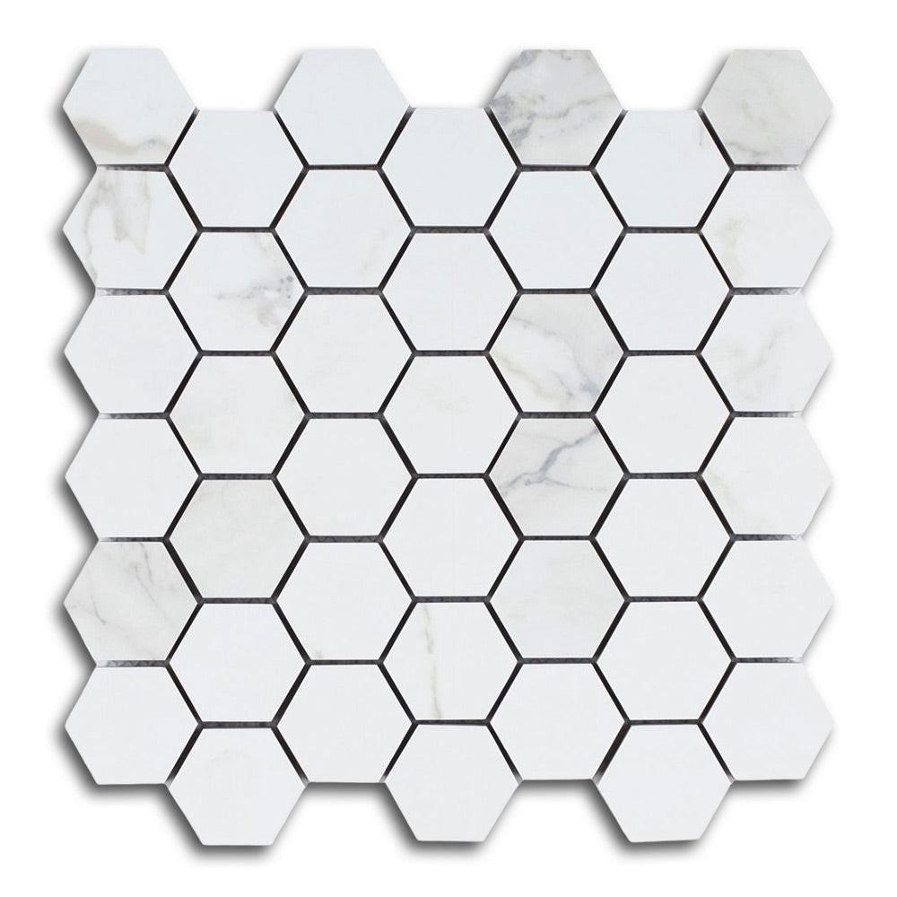 2" Borneo Calacatta Dorado Matte Hexagon Marble Laminated Porcelain Mosaic Tile 2" Borneo Calacatta Dorado Matte Hexagon Marble Laminated Porcelain Mosaic Tile - American Tile Depot
