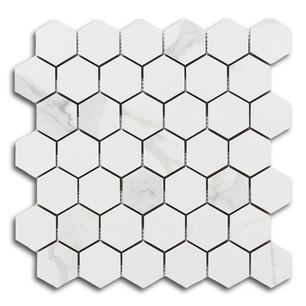 2" Borneo Calacatta Dorado Polished Hexagon Marble Laminated Porcelain Mosaic Tile 2" Borneo Calacatta Dorado Polished Hexagon Marble Laminated Porcelain Mosaic Tile - American Tile Depot