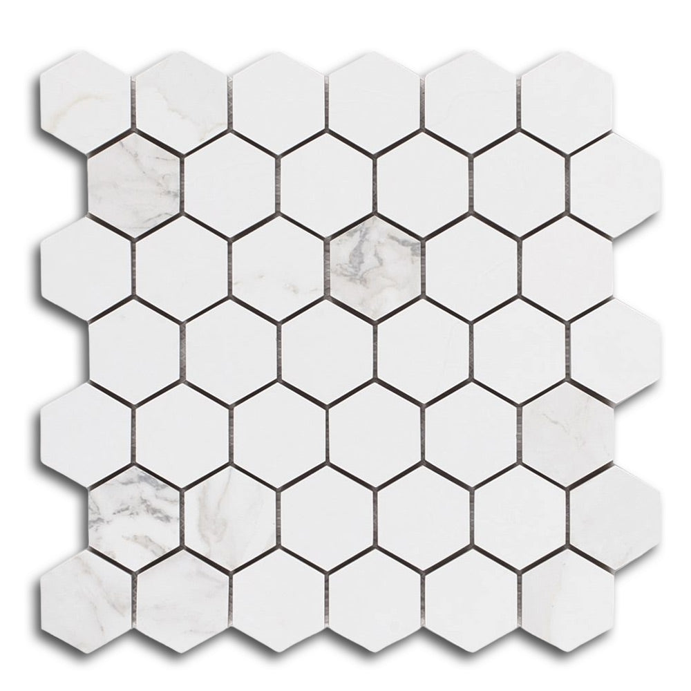 2" Borneo Calacatta Dorado Stone Honed Hexagon Marble Laminated Porcelain Mosaic Tile
