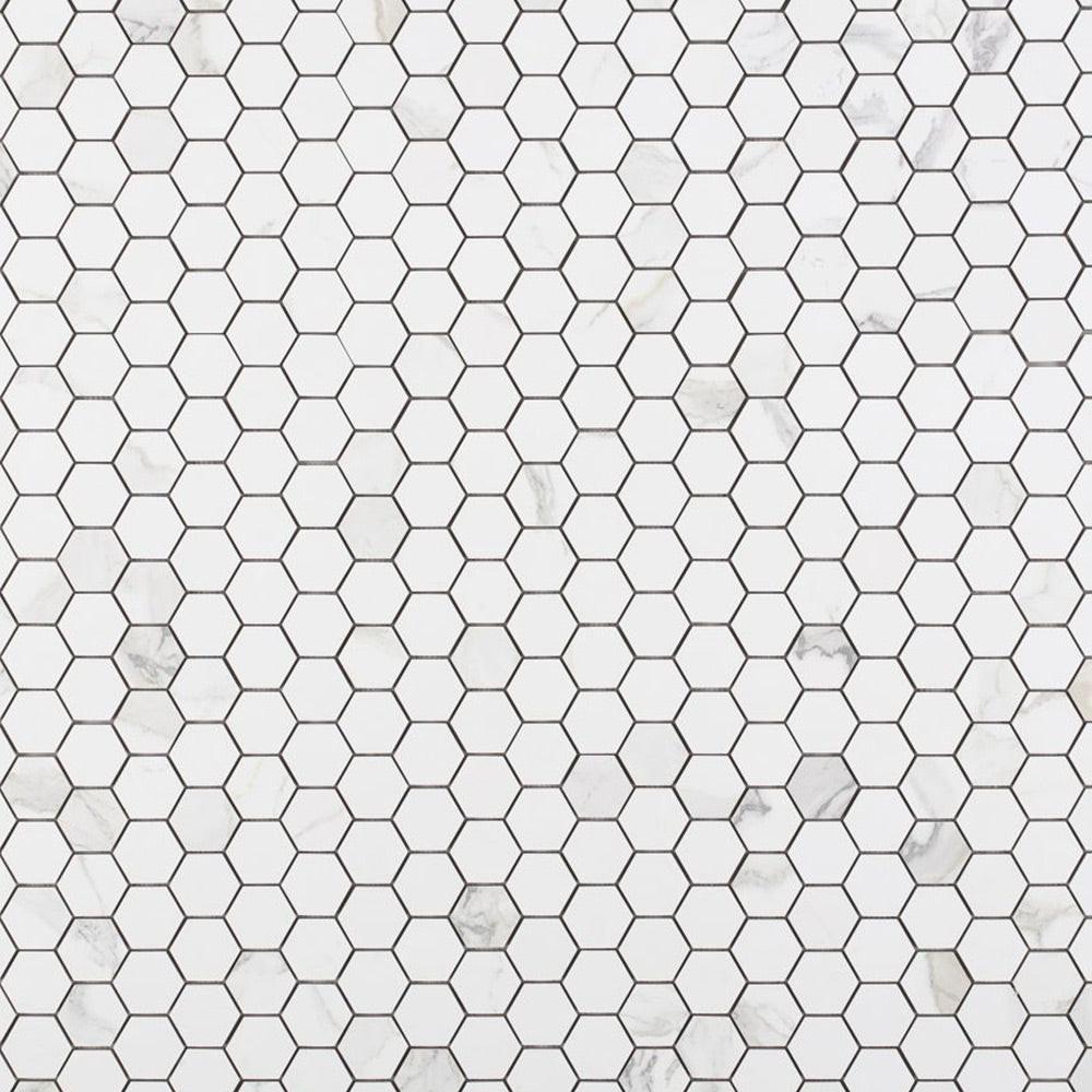 2" Borneo Calacatta Dorado Stone Honed Hexagon Marble Laminated Porcelain Mosaic Tile 2" Borneo Calacatta Dorado Stone Honed Hexagon Marble Laminated Porcelain Mosaic Tile - American Tile Depot