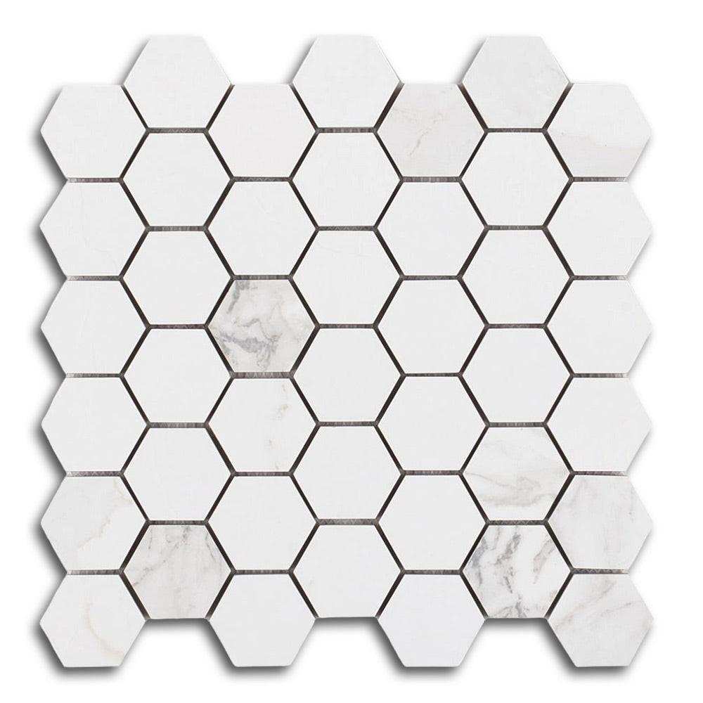 2" Borneo Calacatta Dorado Stone Honed Hexagon Marble Laminated Porcelain Mosaic Tile 2" Borneo Calacatta Dorado Stone Honed Hexagon Marble Laminated Porcelain Mosaic Tile - American Tile Depot