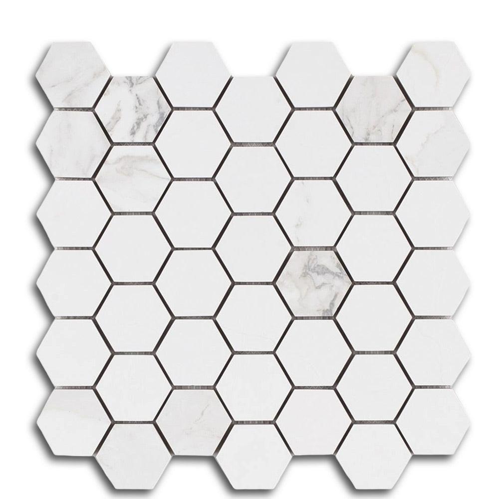 2" Borneo Calacatta Dorado Stone Honed Hexagon Marble Laminated Porcelain Mosaic Tile 2" Borneo Calacatta Dorado Stone Honed Hexagon Marble Laminated Porcelain Mosaic Tile - American Tile Depot