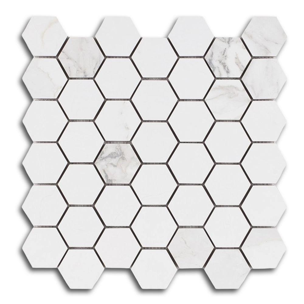 2" Borneo Calacatta Dorado Stone Honed Hexagon Marble Laminated Porcelain Mosaic Tile 2" Borneo Calacatta Dorado Stone Honed Hexagon Marble Laminated Porcelain Mosaic Tile - American Tile Depot