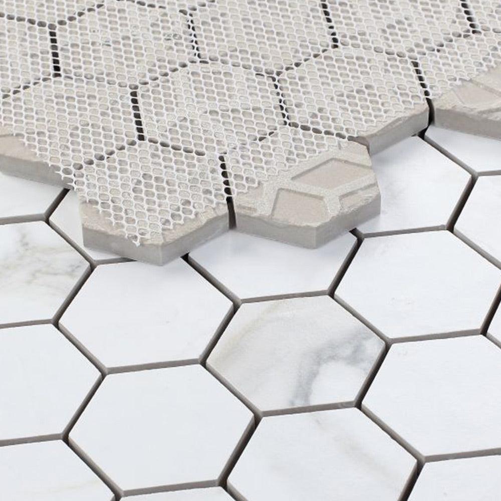2" Borneo Calacatta Dorado Stone Honed Hexagon Marble Laminated Porcelain Mosaic Tile 2" Borneo Calacatta Dorado Stone Honed Hexagon Marble Laminated Porcelain Mosaic Tile - American Tile Depot