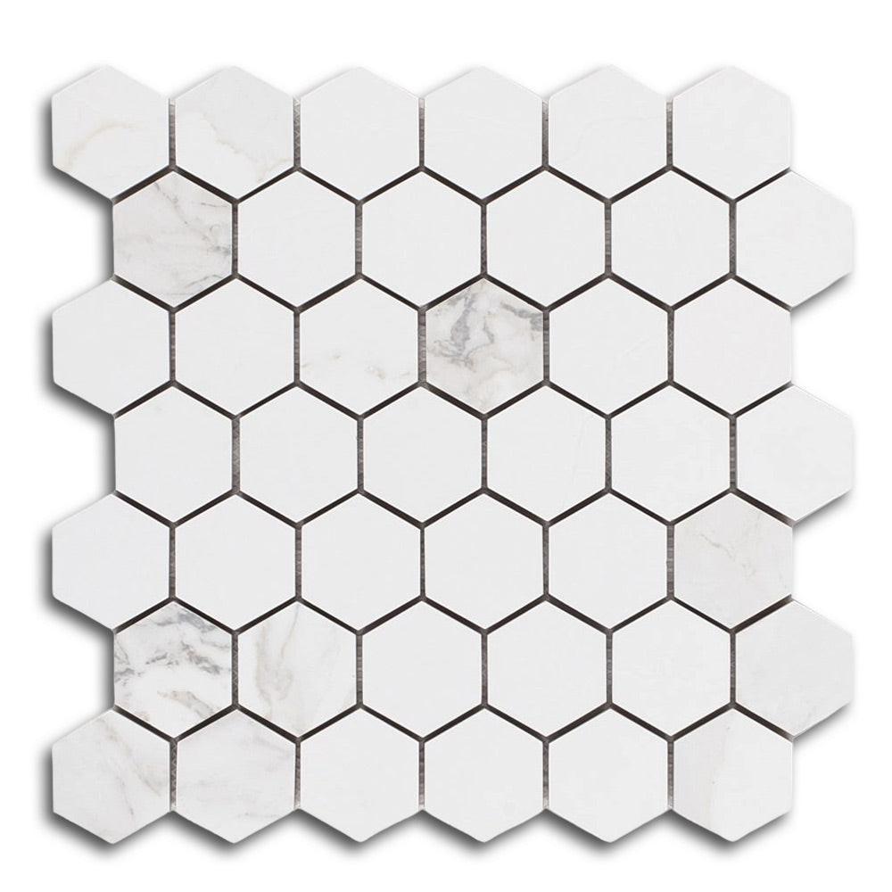2" Borneo Calacatta Dorado Stone Honed Hexagon Marble Laminated Porcelain Mosaic Tile 2" Borneo Calacatta Dorado Stone Honed Hexagon Marble Laminated Porcelain Mosaic Tile - American Tile Depot