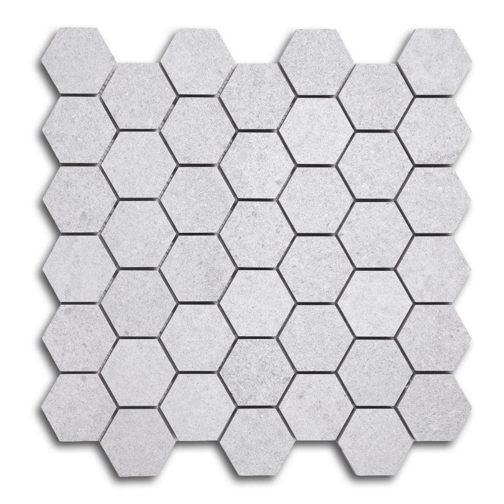 2" Forte Silver Hexagon Matte Marble Laminated Porcelain Mosaic Tile 2" Forte Silver Hexagon Matte Marble Laminated Porcelain Mosaic Tile - American Tile Depot