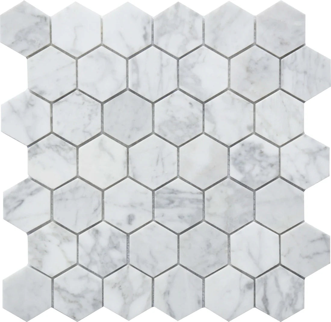 2" Mineralis Carrara Marble Polished Hexagon Stone & Glass Mosaic Tile 2" Mineralis Carrara Marble Polished Hexagon Stone & Glass Mosaic Tile - American Tile Depot