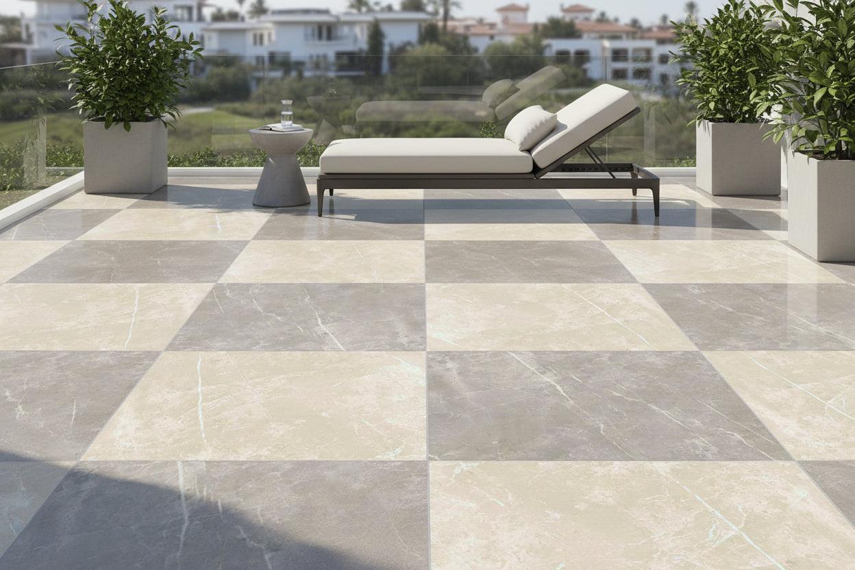 24x24 Checkerboard Tile - Virelia Grey & Cream Nat Matte Marble Look Porcelain 24x24 Checkerboard Tile - Virelia Grey & Cream Nat Matte Marble Look Porcelain - American Tile Depot