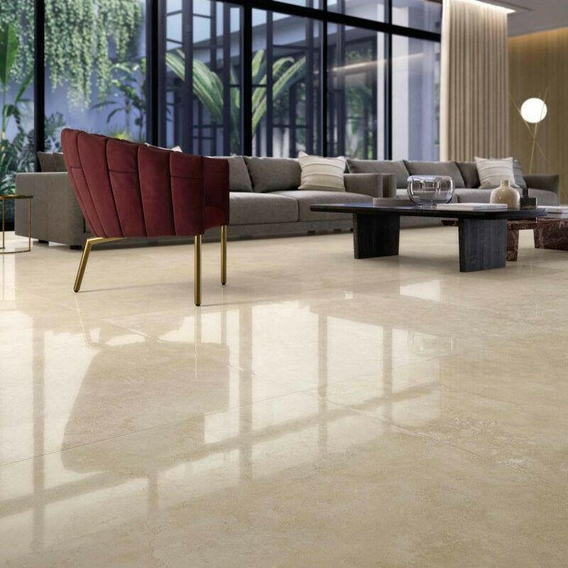 24x48 Viaura Cross Cut Beige Polished Travertine Look Porcelain Tile 24x48 Viaura Cross Cut Beige Polished Travertine Look Porcelain Tile - American Tile Depot