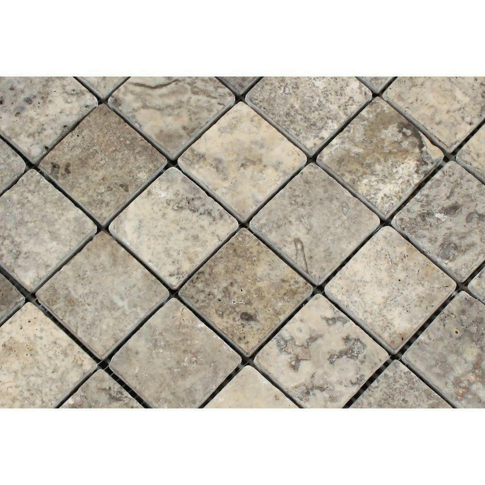 2x2 Silver Travertine Tumbled Mosaic Tile 2x2 Silver Travertine Tumbled Mosaic Tile - American Tile Depot