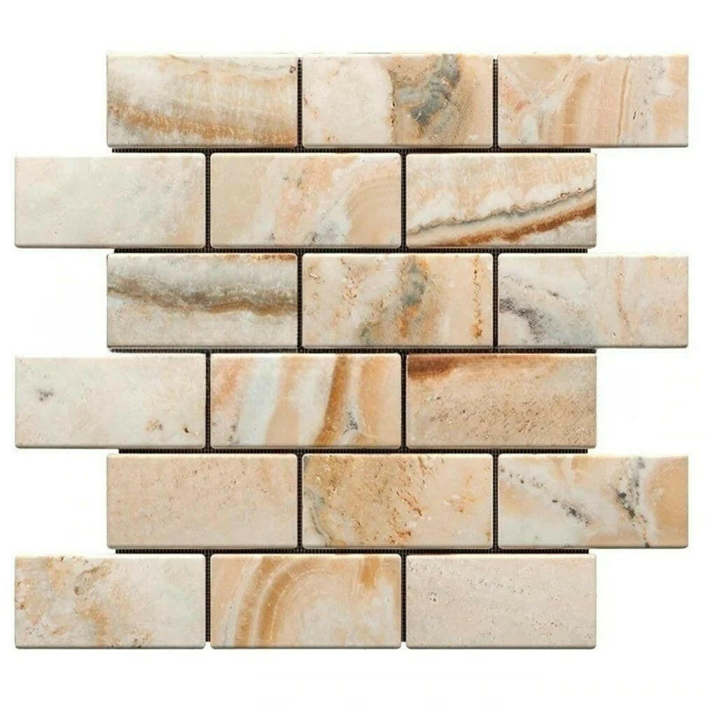2x4 Antico Onyx Travertine Tumbled Brick Mosaic Tile 2x4 Antico Onyx Travertine Tumbled Brick Mosaic Tile - American Tile Depot