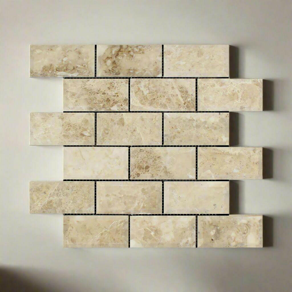 2x4 Cappuccino Marble Polished & Beveled Brick Mosaic Tile 2x4 Cappuccino Marble Polished & Beveled Brick Mosaic Tile - American Tile Depot