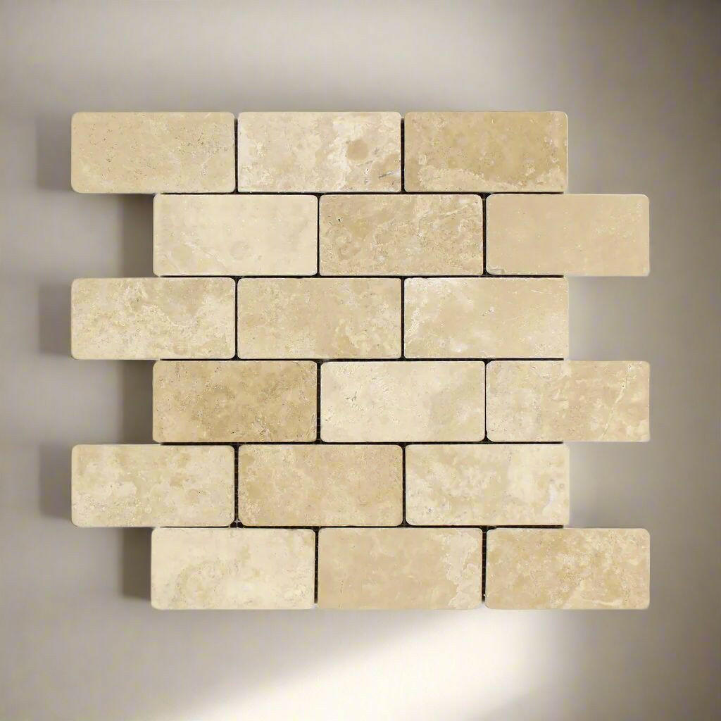 2x4 Durango Cream Travertine Tumbled Brick Mosaic Tile 2x4 Durango Cream Travertine Tumbled Brick Mosaic Tile - American Tile Depot