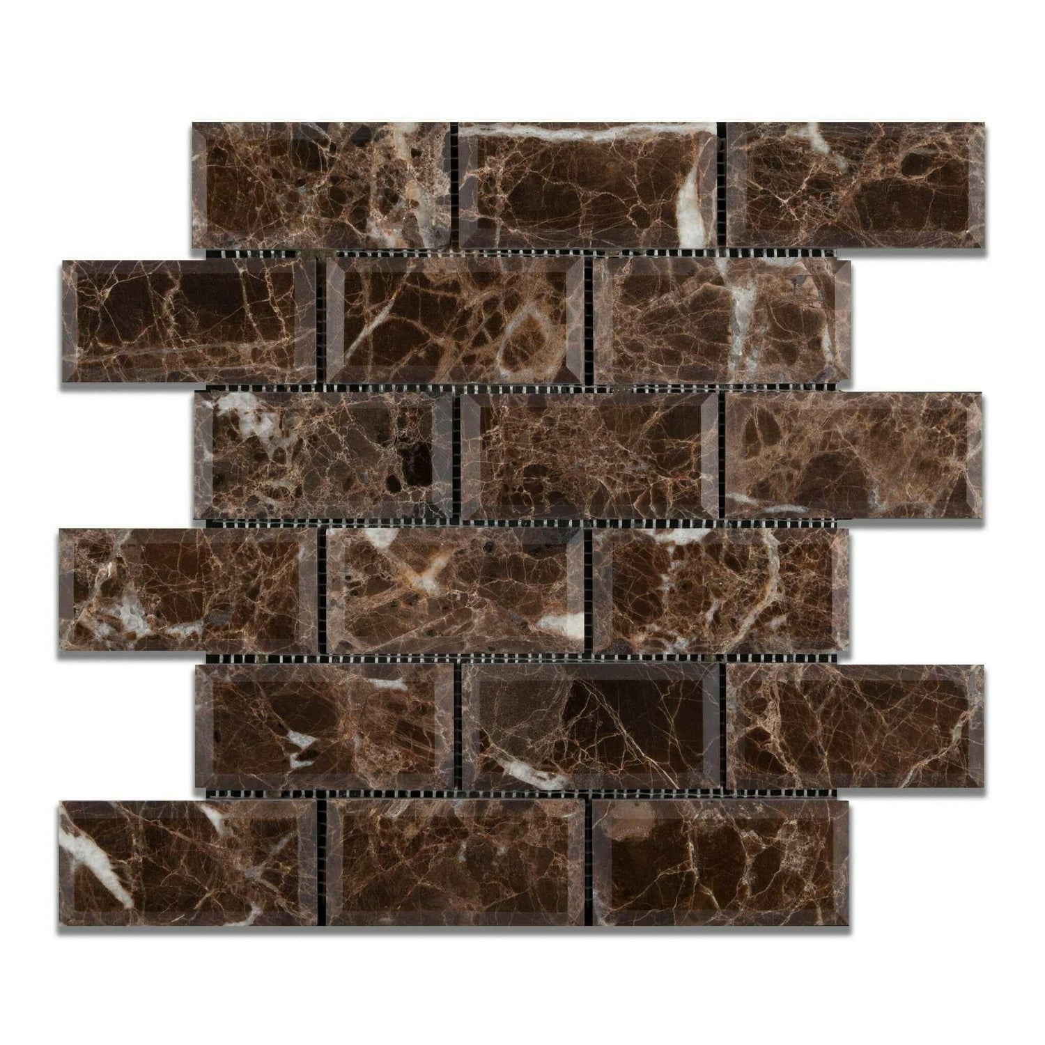 2x4 Emperador Dark Marble Polished & Beveled Brick Mosaic Tile 2x4 Emperador Dark Marble Polished & Beveled Brick Mosaic Tile - American Tile Depot