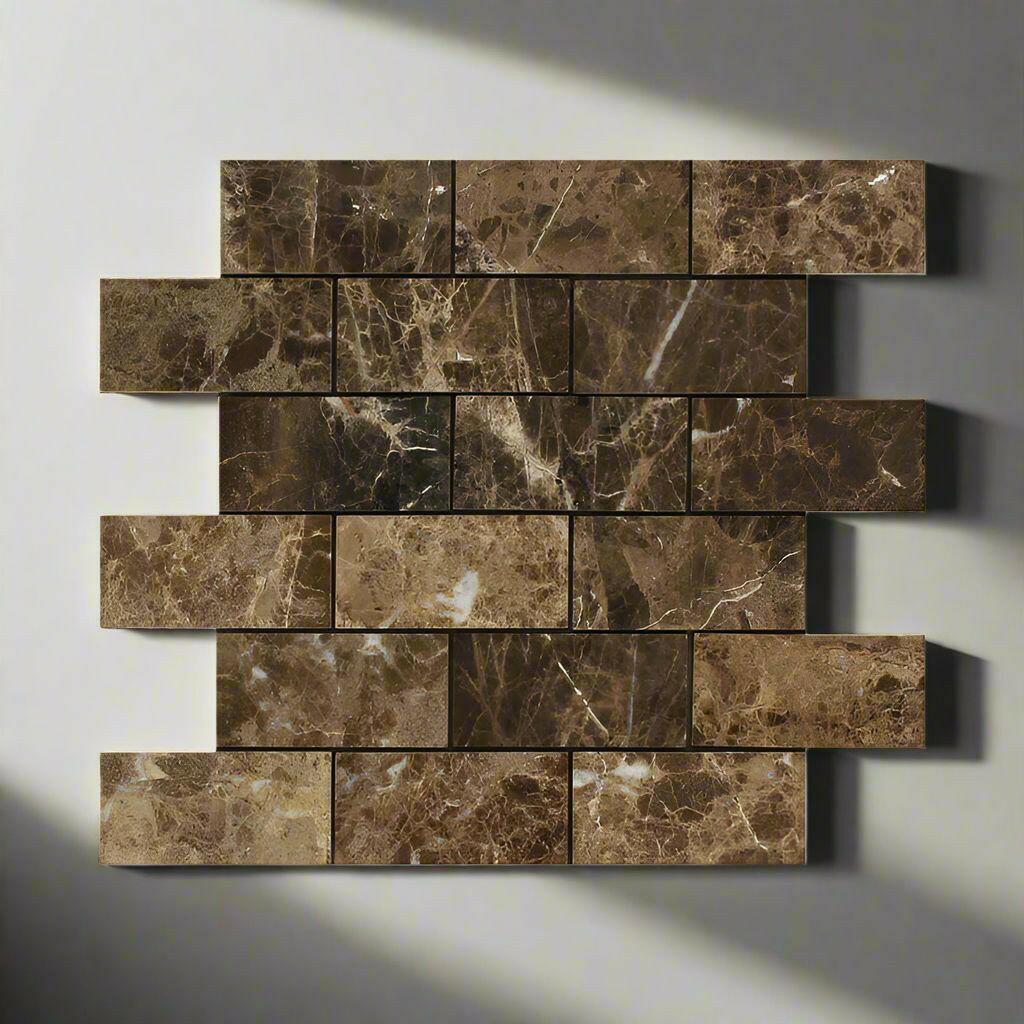 2x4 Emperador Dark Marble Polished Brick Mosaic Tile 2x4 Emperador Dark Marble Polished Brick Mosaic Tile - American Tile Depot