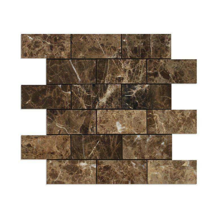 2x4 Emperador Dark Marble Polished Brick Mosaic Tile 2x4 Emperador Dark Marble Polished Brick Mosaic Tile - American Tile Depot