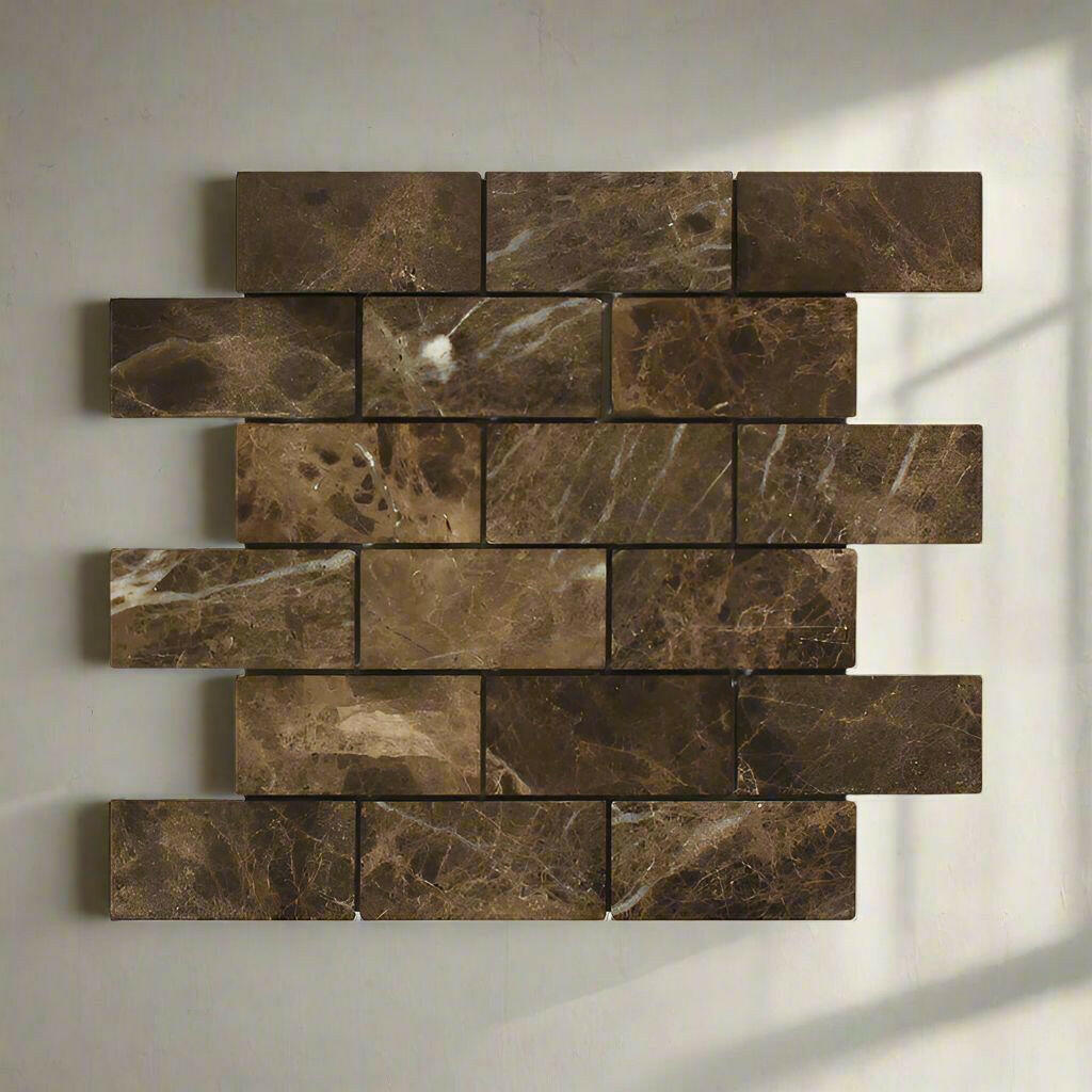 2x4 Emperador Dark Marble Tumbled Brick Mosaic Tile 2x4 Emperador Dark Marble Tumbled Brick Mosaic Tile - American Tile Depot