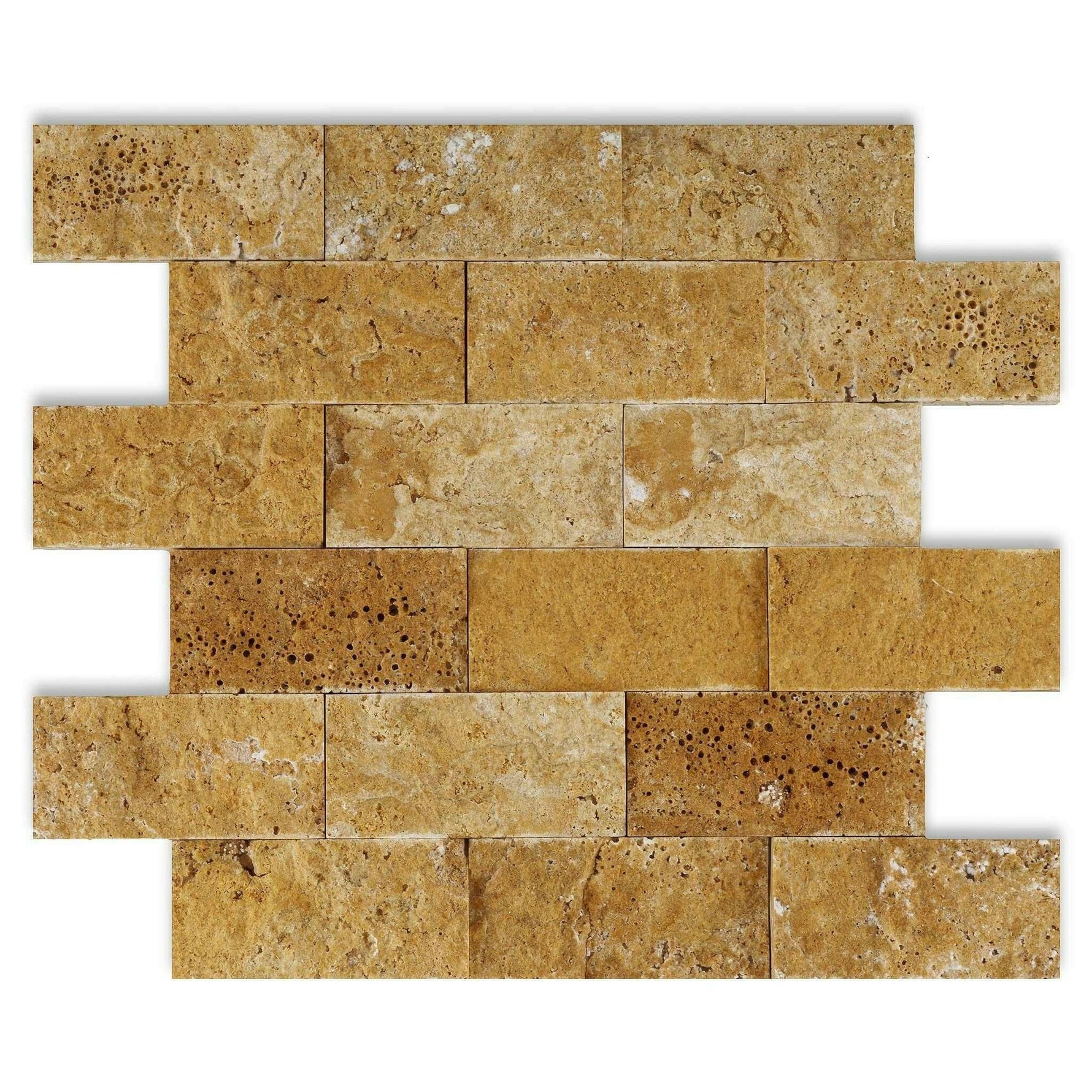 2x4 Gold / Yellow Travertine Split-Faced Brick Mosaic Tile 2x4 Gold / Yellow Travertine Split-Faced Brick Mosaic Tile - American Tile Depot