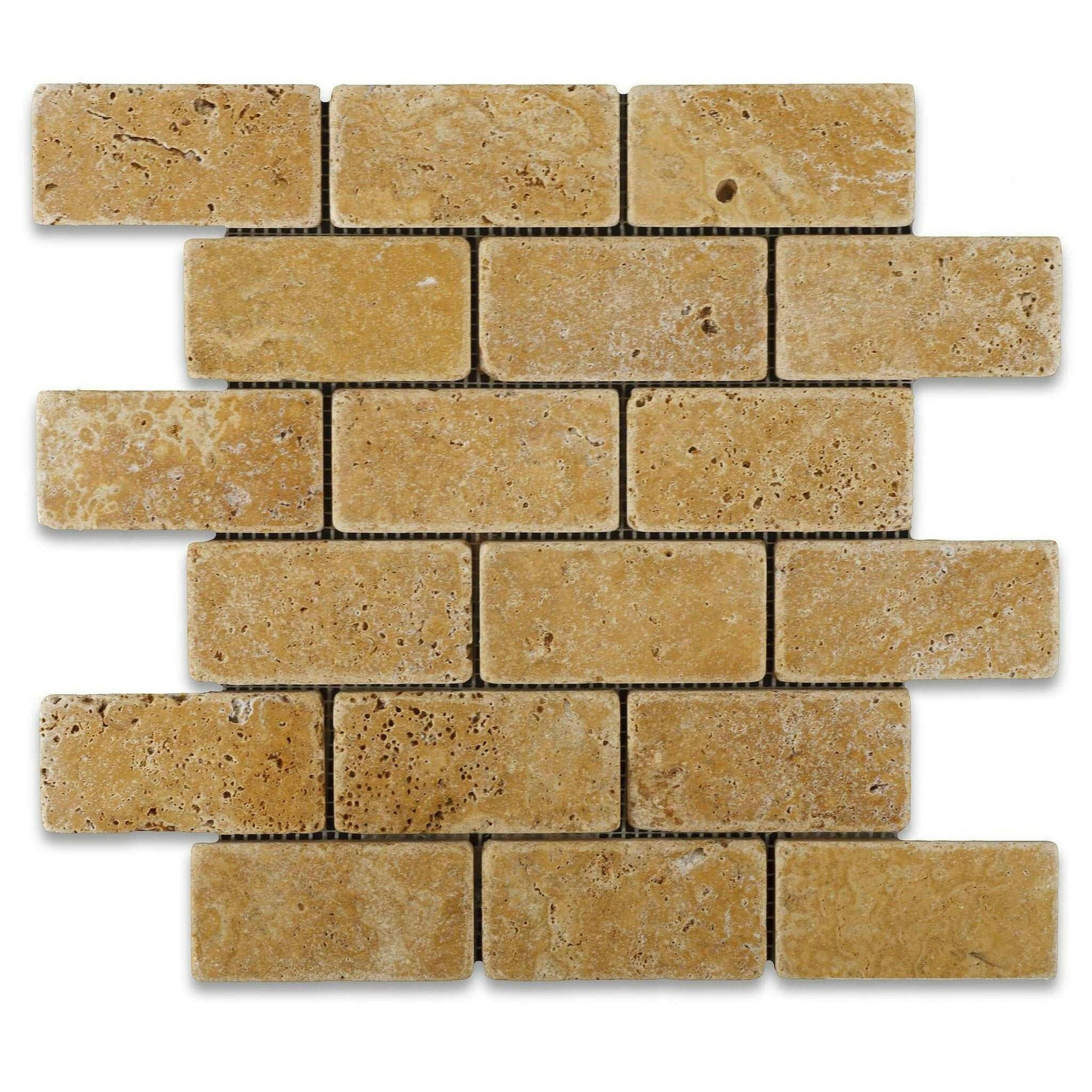 2x4 Gold / Yellow Travertine Tumbled Brick Mosaic Tile 2x4 Gold / Yellow Travertine Tumbled Brick Mosaic Tile - American Tile Depot