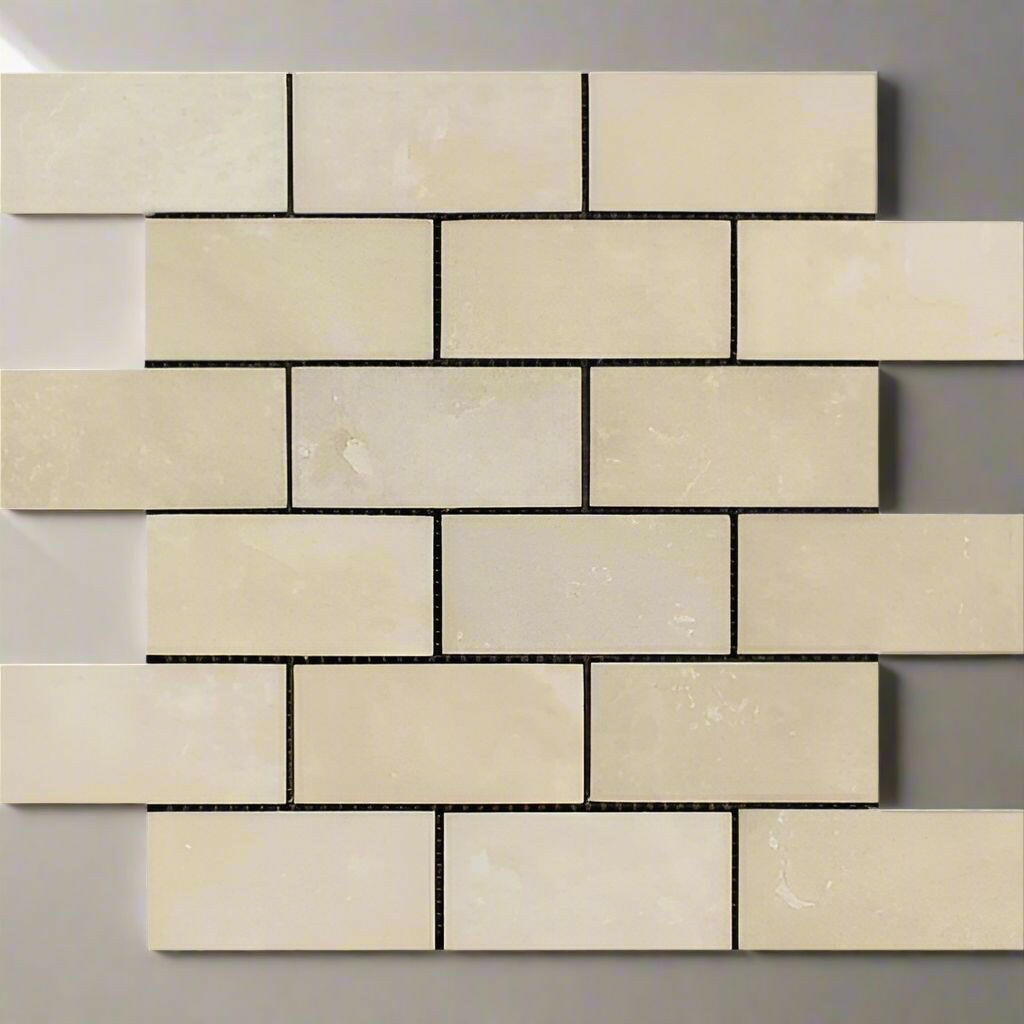 2x4 Ivory Travertine Filled & Honed Brick Mosaic 2x4 Ivory Travertine Filled & Honed Brick Mosaic - American Tile Depot