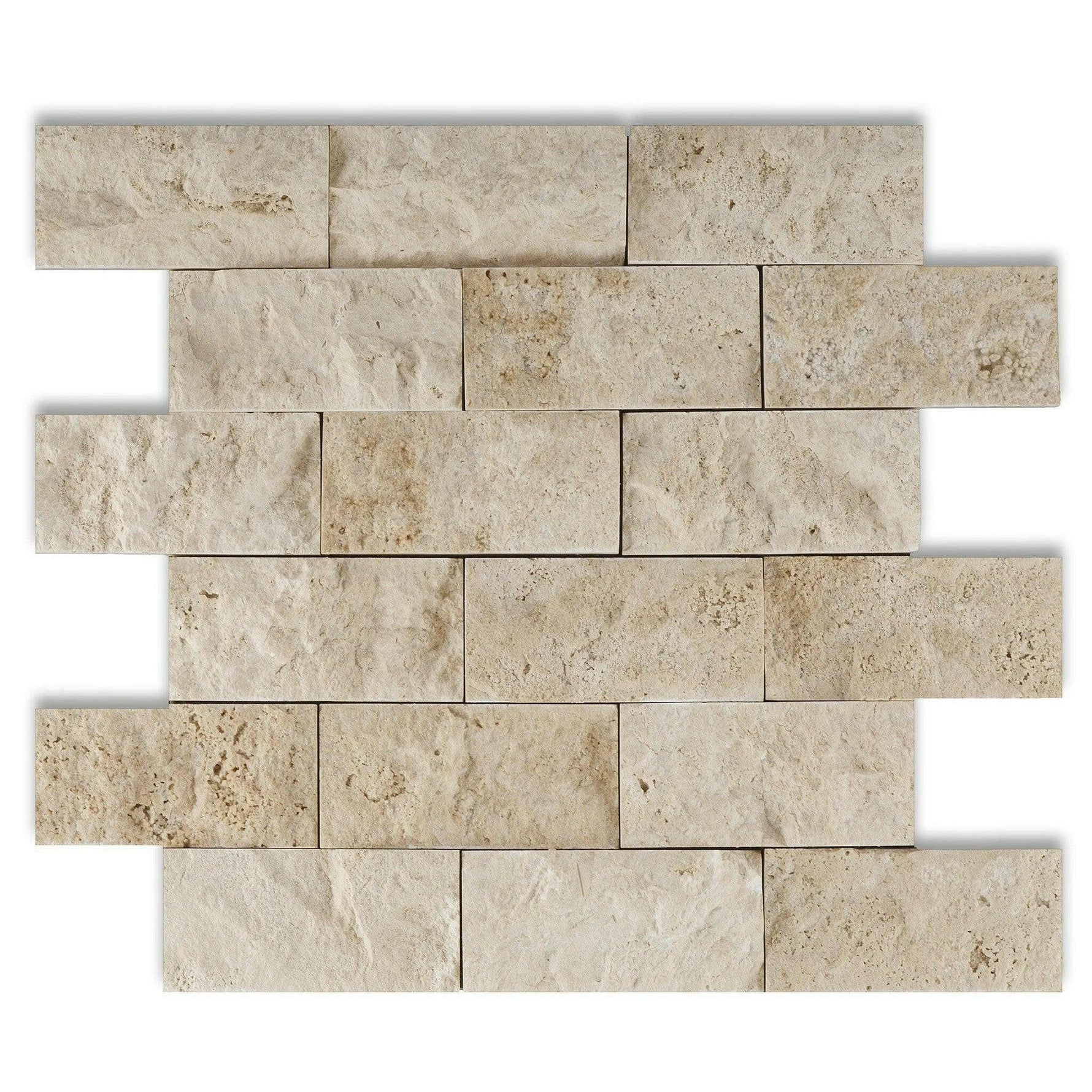 2x4 Ivory Travertine Split-Faced Brick Mosaic Tile 2x4 Ivory Travertine Split-Faced Brick Mosaic Tile - American Tile Depot