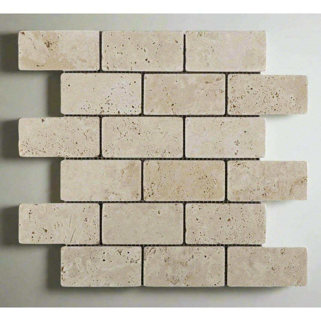 2x4 Ivory Travertine Tumbled Brick Mosaic Tile 2x4 Ivory Travertine Tumbled Brick Mosaic Tile - American Tile Depot