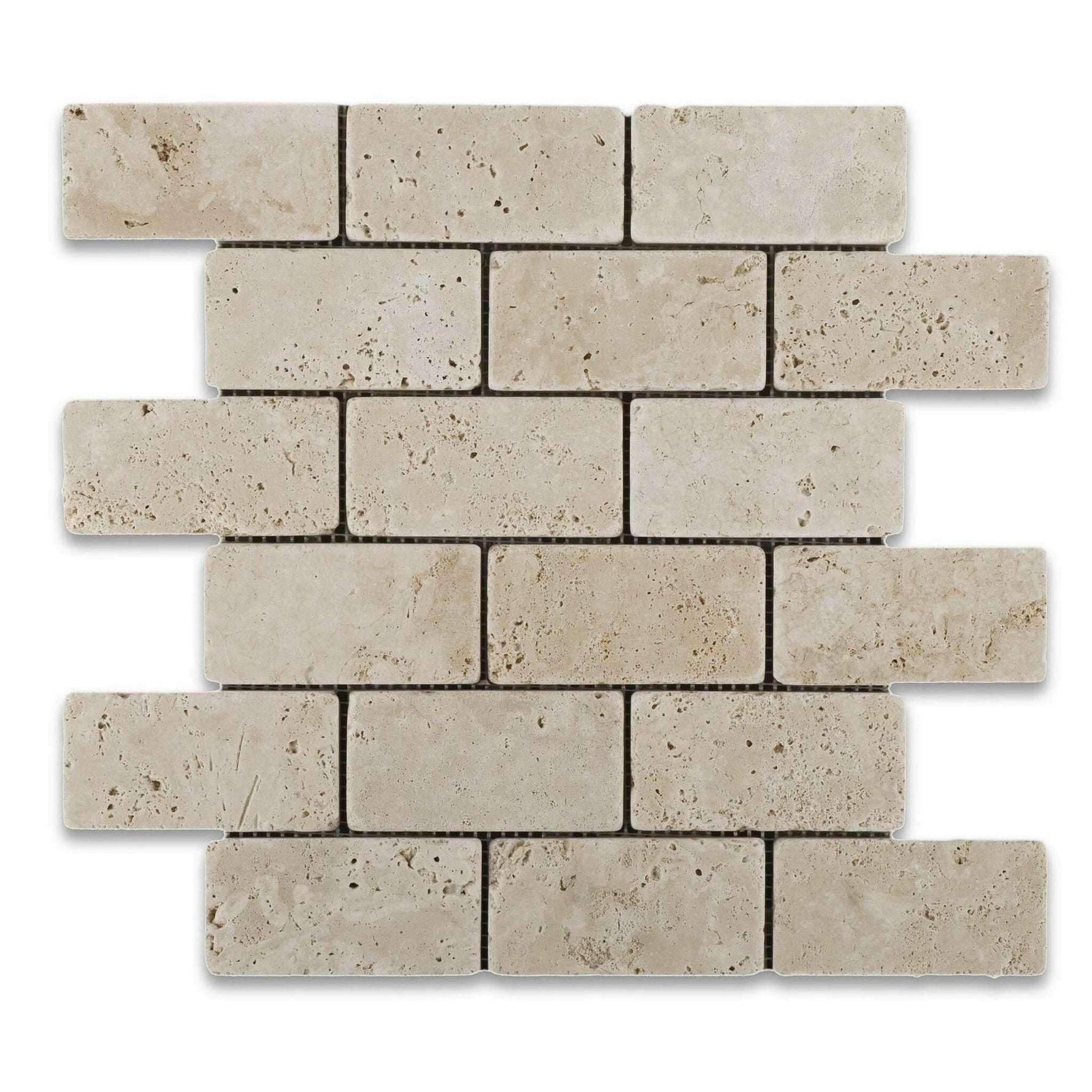 2x4 Ivory Travertine Tumbled Brick Mosaic Tile 2x4 Ivory Travertine Tumbled Brick Mosaic Tile - American Tile Depot