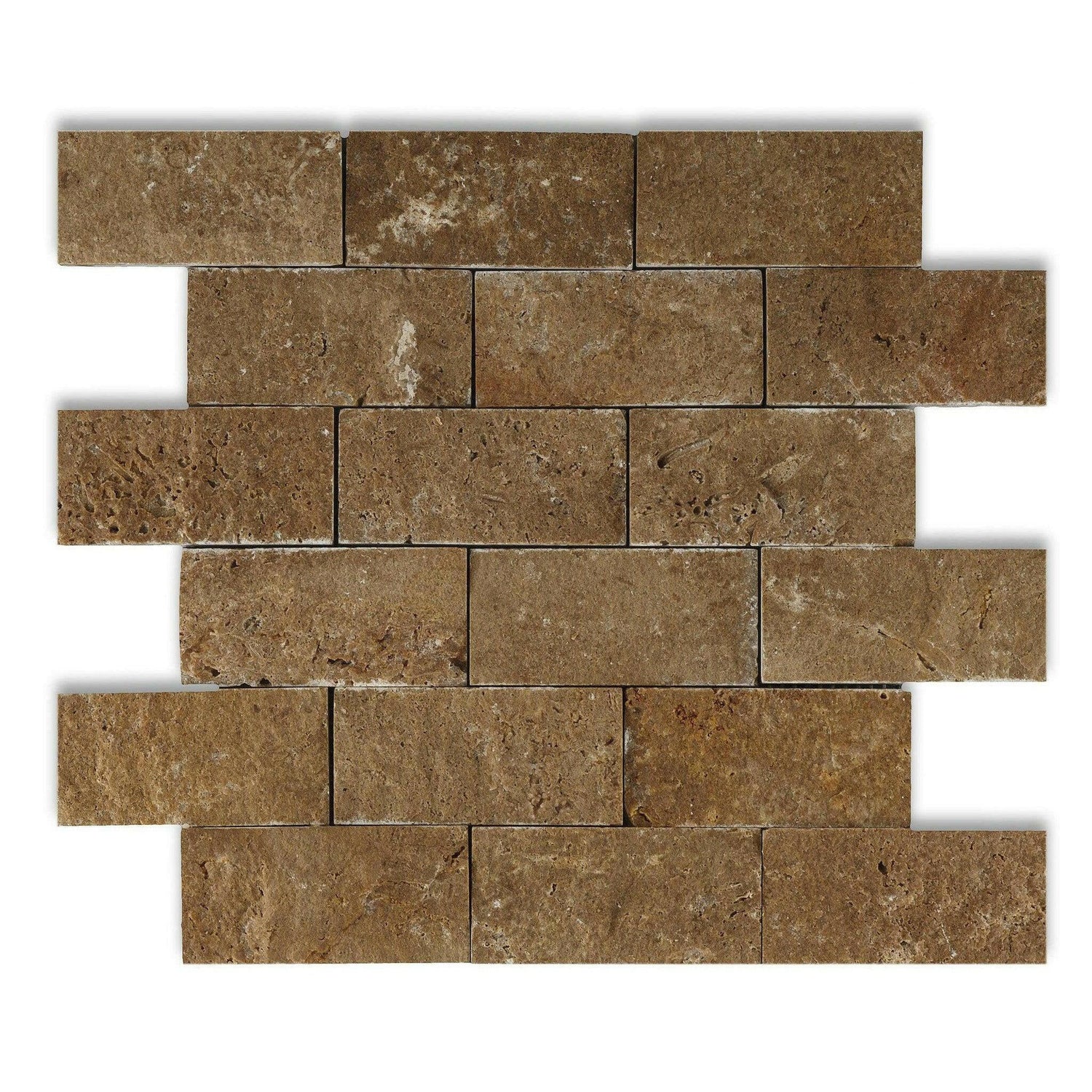 2x4 Noce Travertine Split-Faced Brick Mosaic Tile 2x4 Noce Travertine Split-Faced Brick Mosaic Tile - American Tile Depot