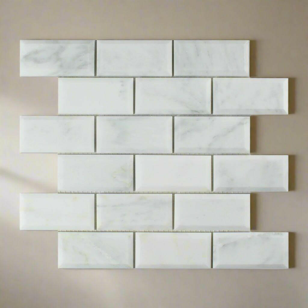 2x4 Oriental White / Asian Statuary Marble Honed & Beveled Brick Mosaic Tile 2x4 Oriental White / Asian Statuary Marble Honed & Beveled Brick Mosaic Tile - American Tile Depot