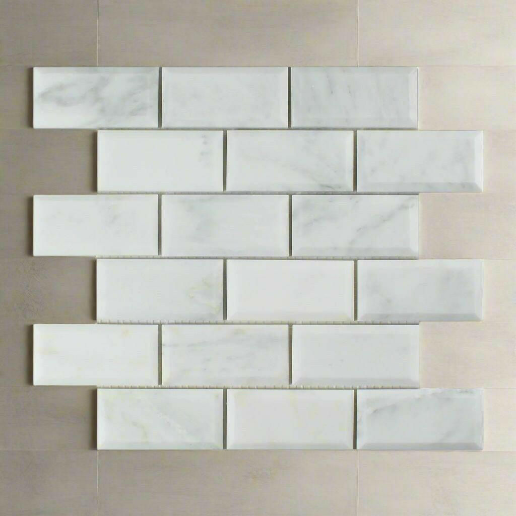 2x4 Oriental White / Asian Statuary Marble Polished & Beveled Brick Mosaic Tile 2x4 Oriental White / Asian Statuary Marble Polished & Beveled Brick Mosaic Tile - American Tile Depot