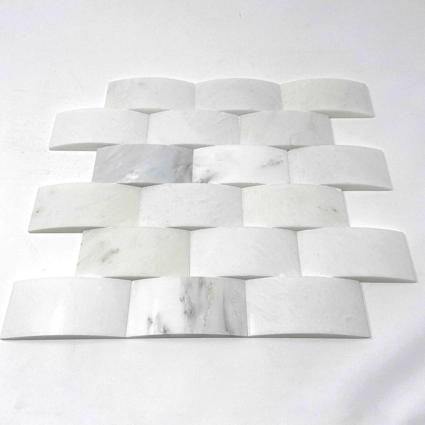 2x4 Oriental White / Asian Statuary Marble Round-Faced (CNC-Arched / Wavy) Honed Brick Mosaic Tile 2x4 Oriental White / Asian Statuary Marble Round-Faced (CNC-Arched / Wavy) Honed Brick Mosaic Tile - American Tile Depot
