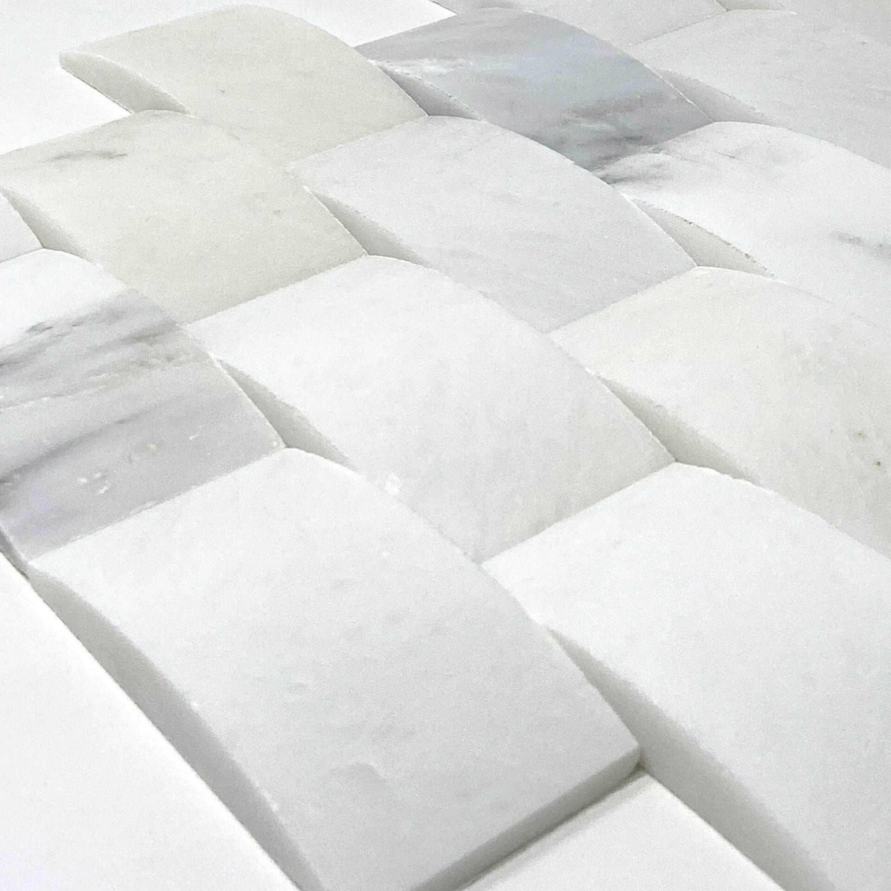2x4 Oriental White / Asian Statuary Marble Round-Faced (CNC-Arched / Wavy) Honed Brick Mosaic Tile 2x4 Oriental White / Asian Statuary Marble Round-Faced (CNC-Arched / Wavy) Honed Brick Mosaic Tile - American Tile Depot