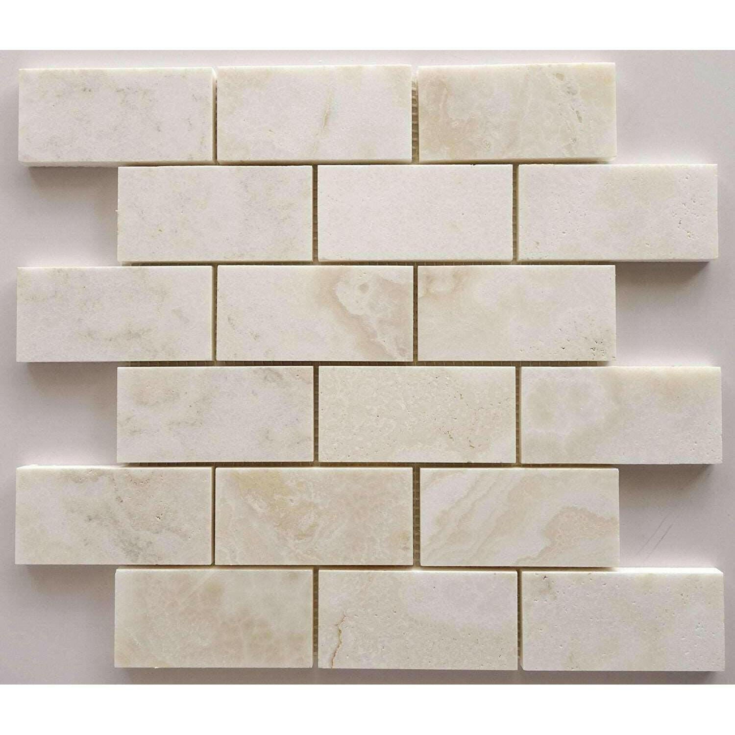 2x4 Premium White Onyx CROSS-CUT Polished Brick Mosaic Tile 2x4 Premium White Onyx CROSS-CUT Polished Brick Mosaic Tile - American Tile Depot