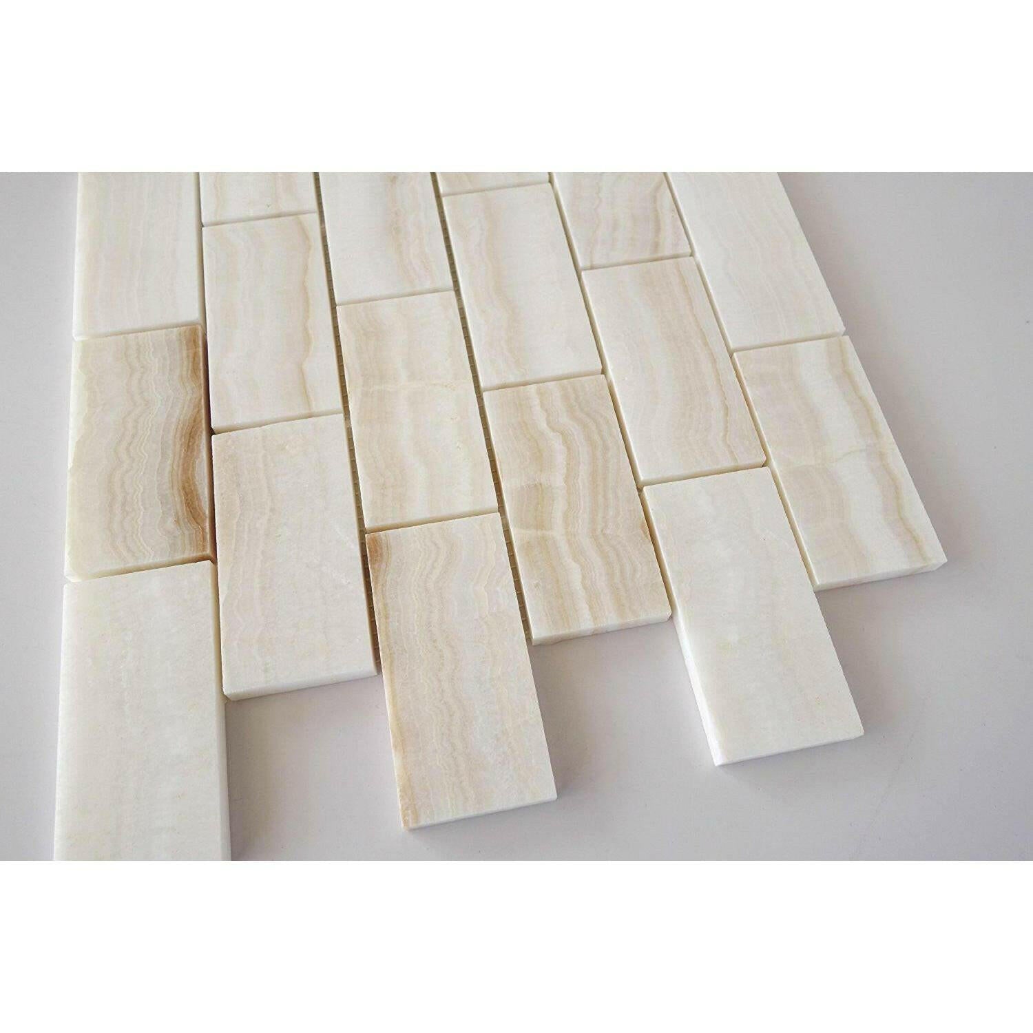 2x4 Premium White Onyx VEIN-CUT Polished Brick Mosaic Tile 2x4 Premium White Onyx VEIN-CUT Polished Brick Mosaic Tile - American Tile Depot