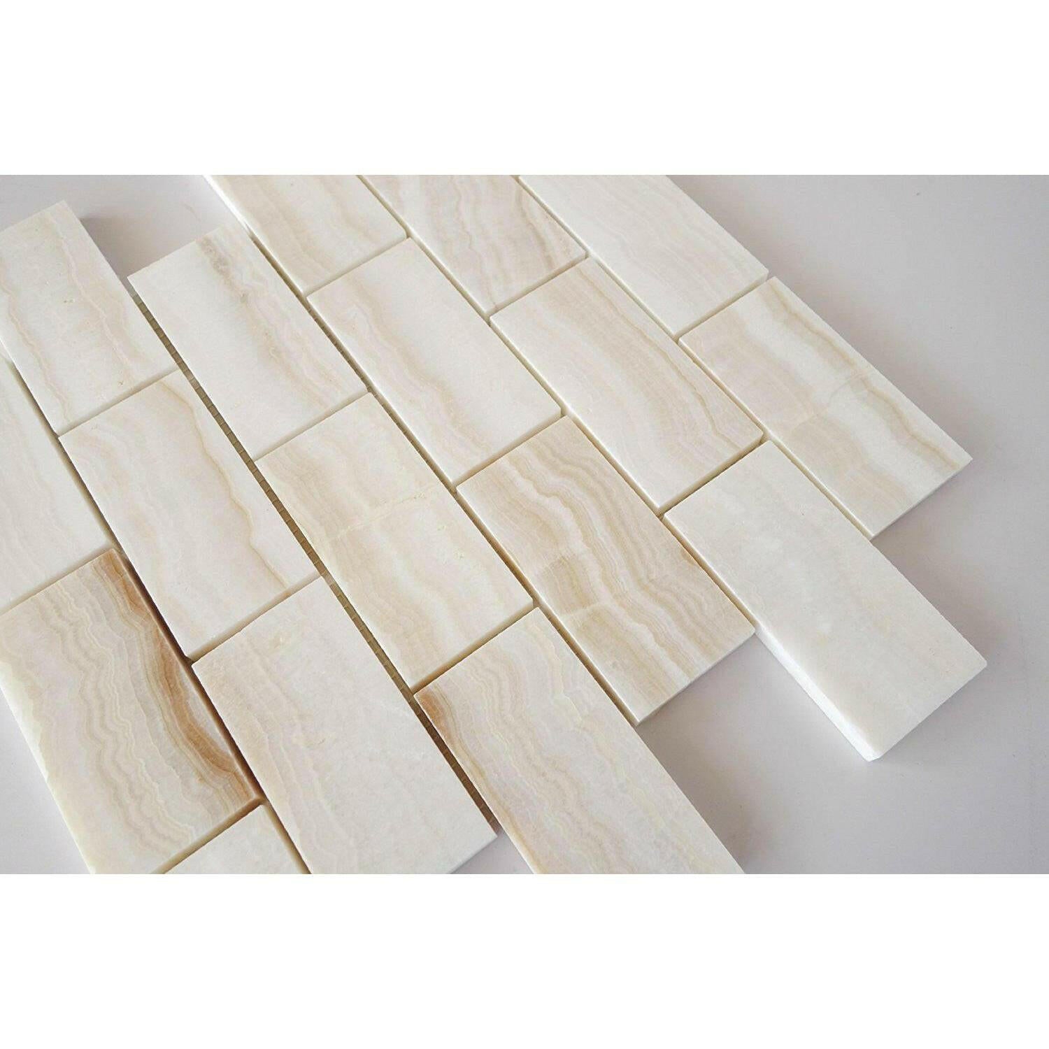2x4 Premium White Onyx VEIN-CUT Polished Brick Mosaic Tile 2x4 Premium White Onyx VEIN-CUT Polished Brick Mosaic Tile - American Tile Depot