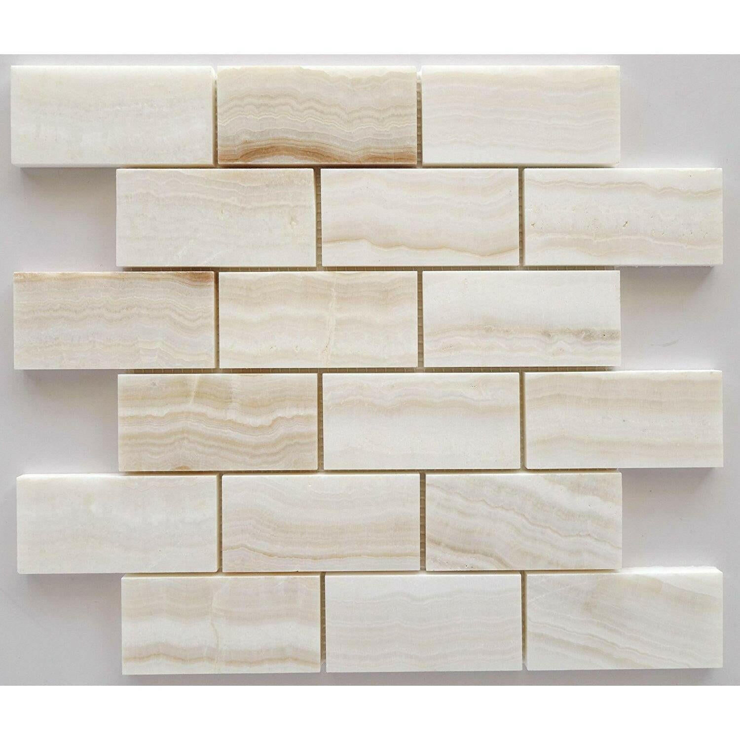 2x4 Premium White Onyx VEIN-CUT Polished Brick Mosaic Tile 2x4 Premium White Onyx VEIN-CUT Polished Brick Mosaic Tile - American Tile Depot
