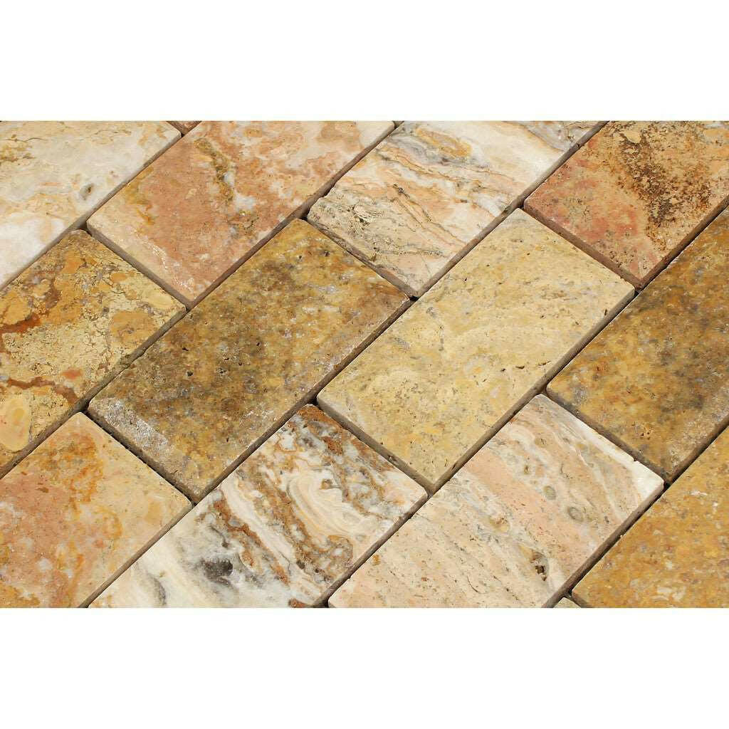 2x4 Scabos Travertine Honed & Beveled Brick Mosaic 2x4 Scabos Travertine Honed & Beveled Brick Mosaic - American Tile Depot