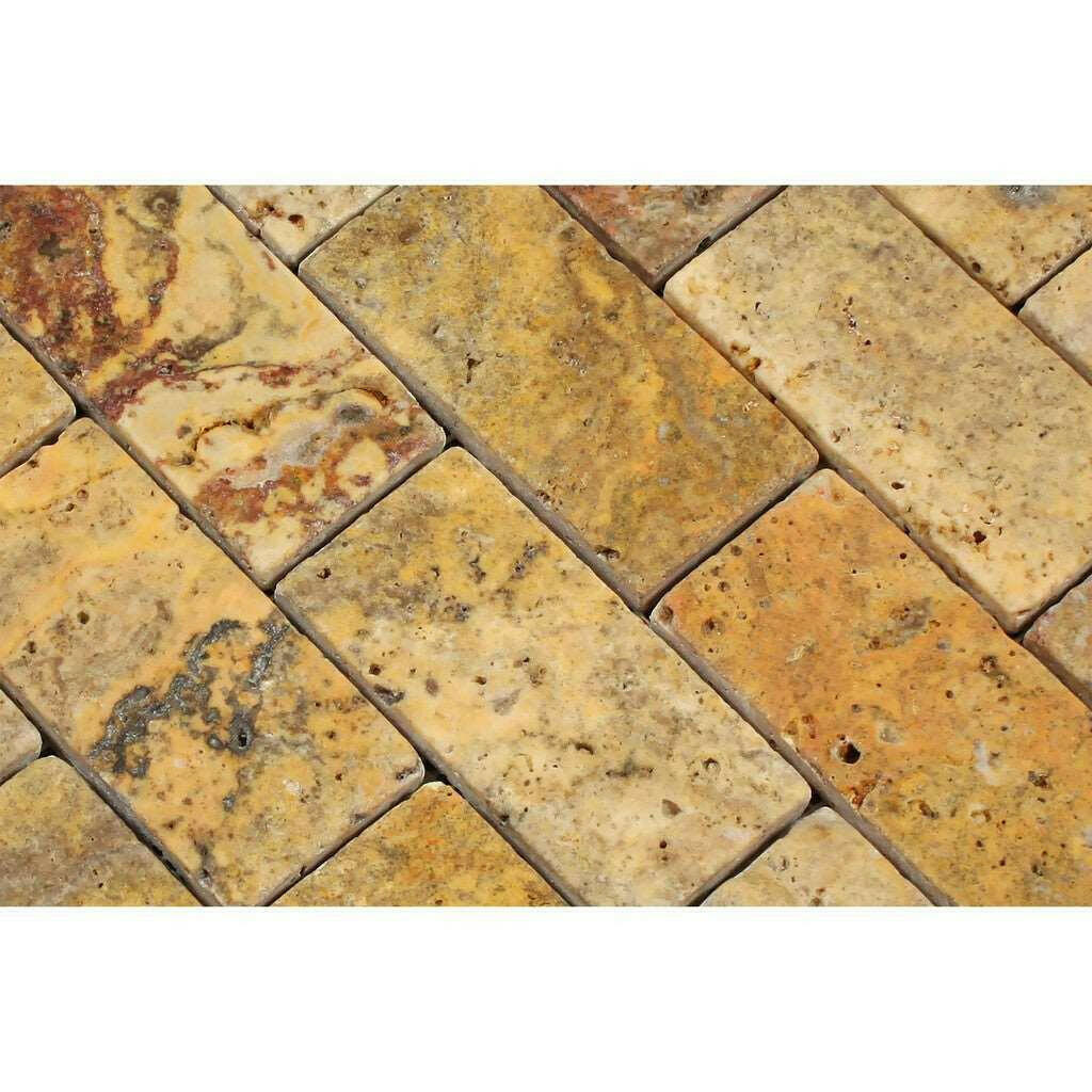 2x4 Scabos Travertine Tumbled Brick Mosaic Tile 2x4 Scabos Travertine Tumbled Brick Mosaic Tile - American Tile Depot