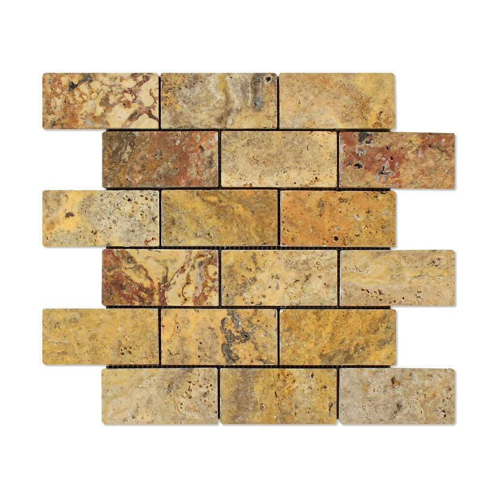 2x4 Scabos Travertine Tumbled Brick Mosaic Tile 2x4 Scabos Travertine Tumbled Brick Mosaic Tile - American Tile Depot