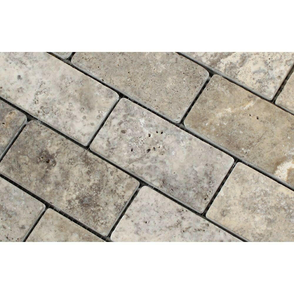 2x4 Silver Travertine Tumbled Mosaic Tile 2x4 Silver Travertine Tumbled Mosaic Tile - American Tile Depot