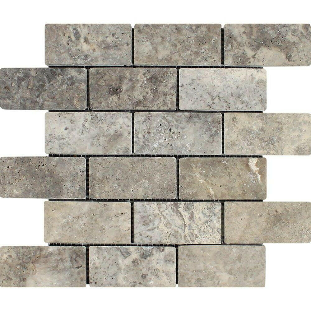 2x4 Silver Travertine Tumbled Mosaic Tile 2x4 Silver Travertine Tumbled Mosaic Tile - American Tile Depot