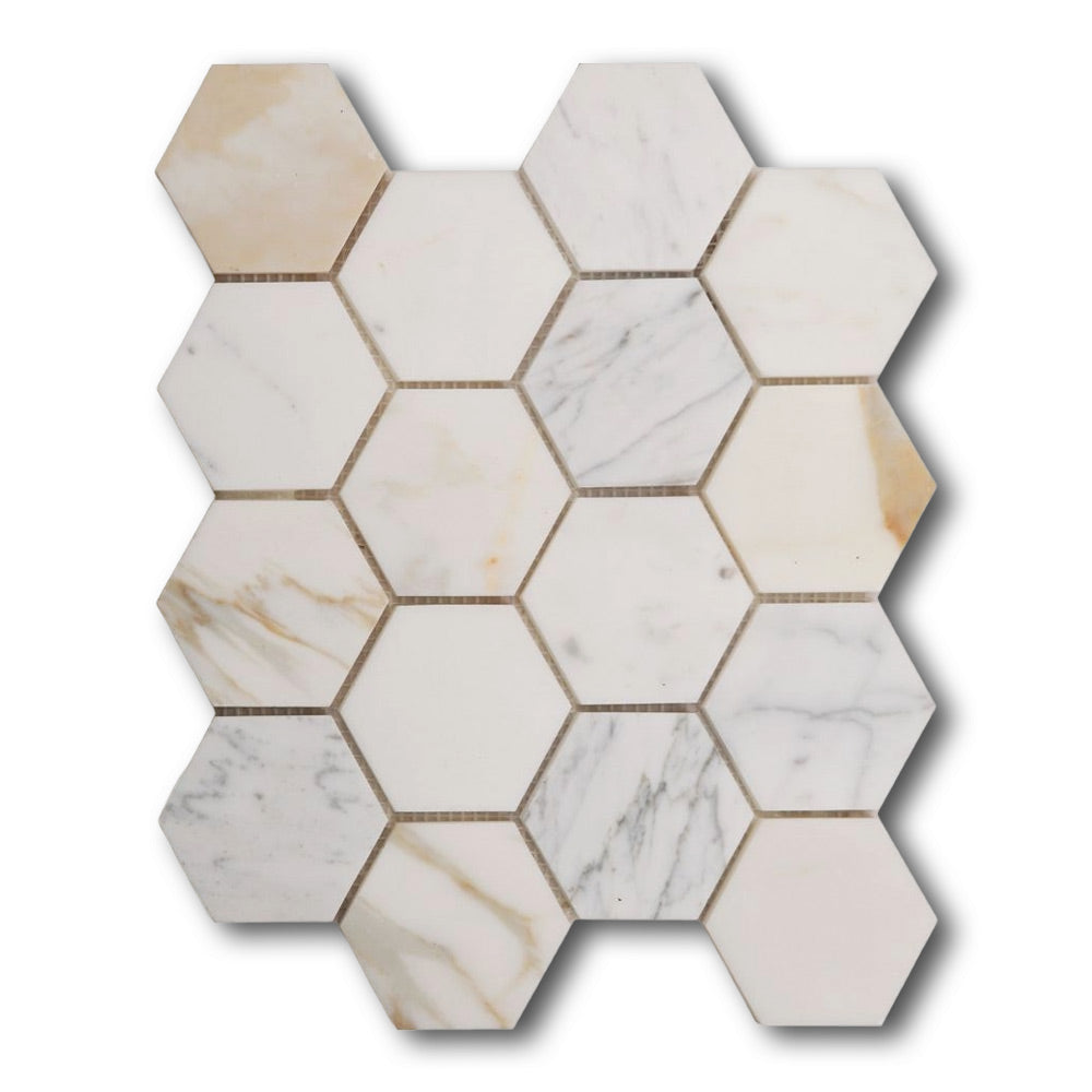 3" Beehive Calacatta Gold Honed Hexagon Marble Mosaic Tile