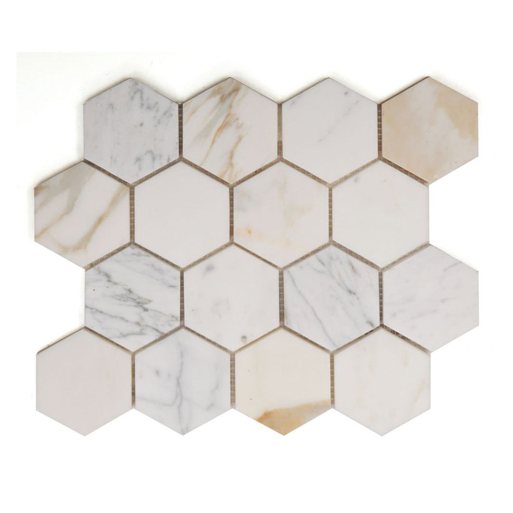 3" Beehive Calacatta Gold Honed Hexagon Marble Mosaic Tile