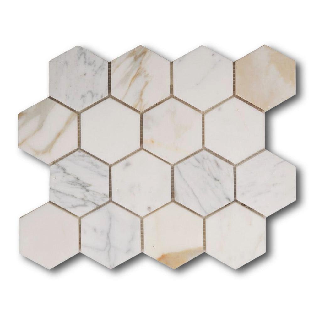 3" Beehive Calacatta Gold Honed Hexagon Marble Mosaic Tile 3" Beehive Calacatta Gold Honed Hexagon Marble Mosaic Tile - American Tile Depot