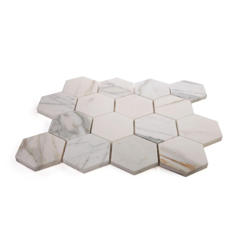 3" Beehive Calacatta Gold Honed Hexagon Marble Mosaic Tile 3" Beehive Calacatta Gold Honed Hexagon Marble Mosaic Tile - American Tile Depot