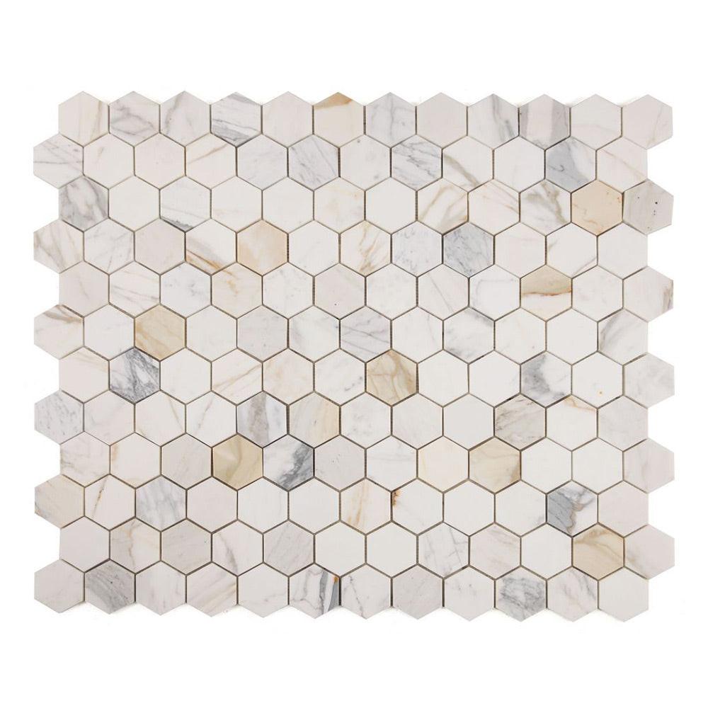 3" Beehive Calacatta Gold Honed Hexagon Marble Mosaic Tile 3" Beehive Calacatta Gold Honed Hexagon Marble Mosaic Tile - American Tile Depot