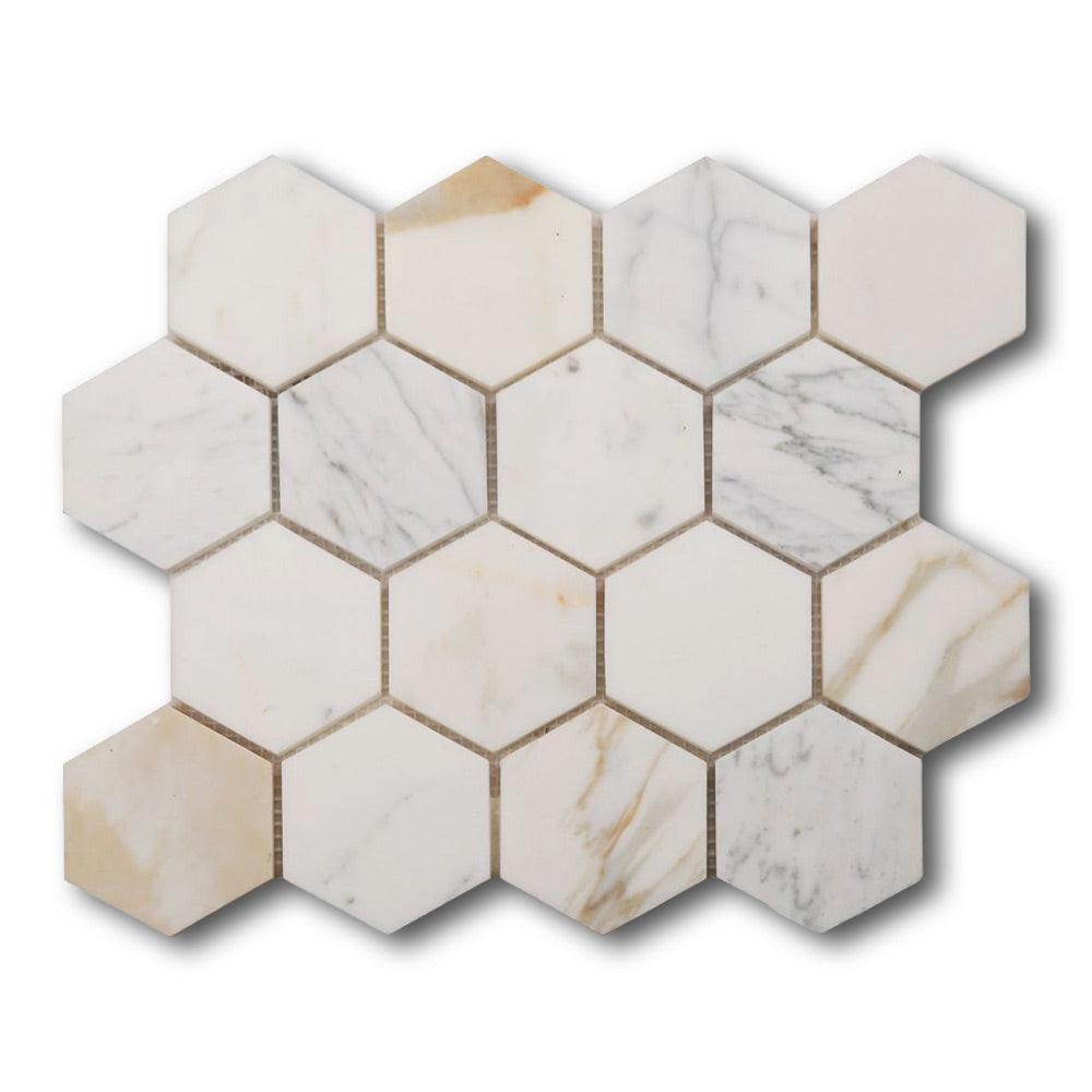 3" Beehive Calacatta Gold Honed Hexagon Marble Mosaic Tile 3" Beehive Calacatta Gold Honed Hexagon Marble Mosaic Tile - American Tile Depot