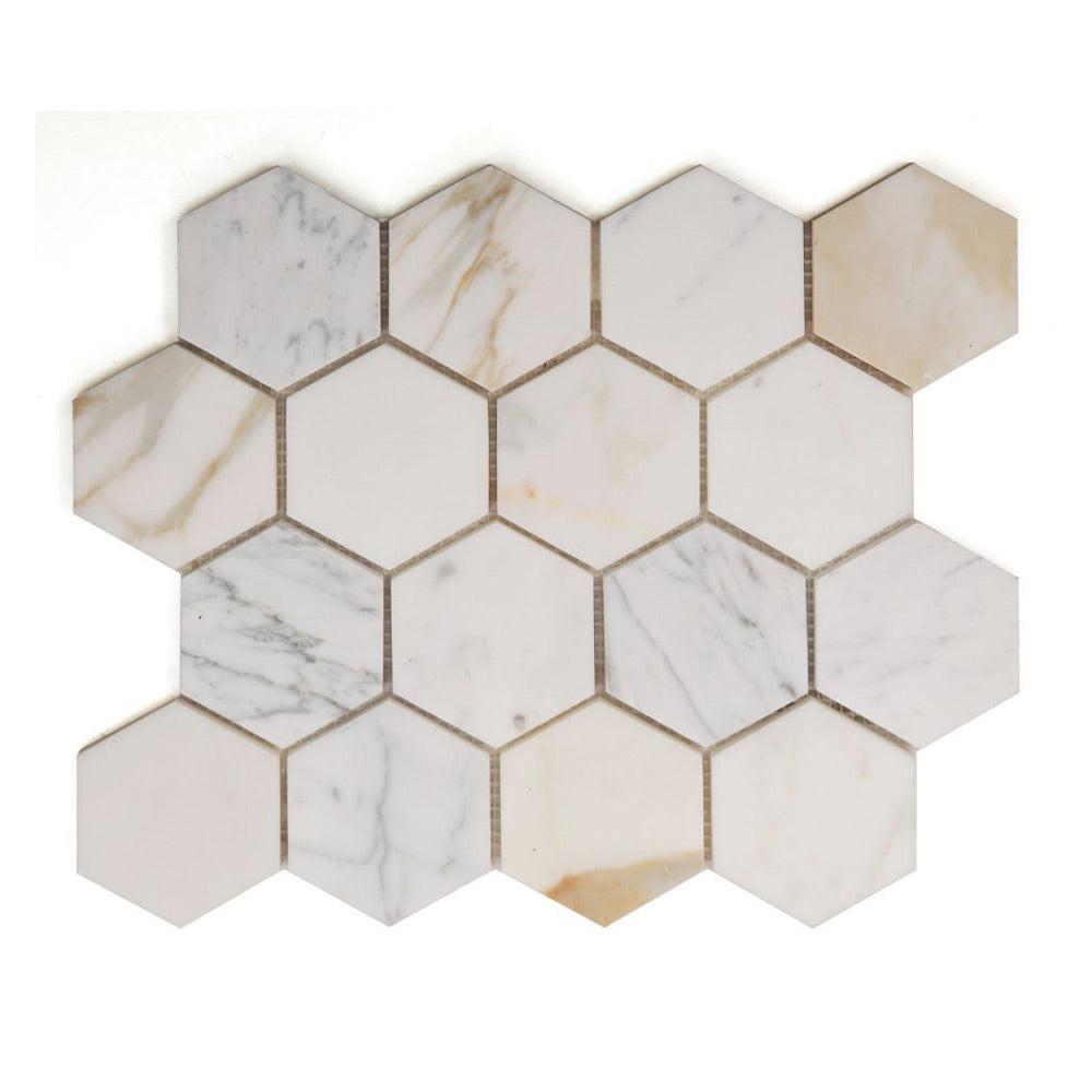 3" Beehive Calacatta Gold Honed Hexagon Marble Mosaic Tile 3" Beehive Calacatta Gold Honed Hexagon Marble Mosaic Tile - American Tile Depot
