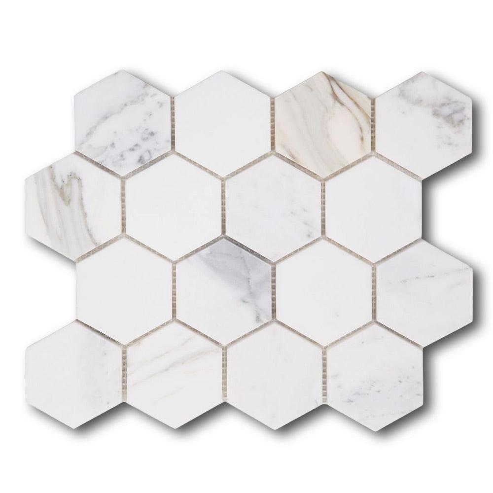 3" Beehive Calacatta Gold Polished Hexagon Marble Mosaic Tile 3" Beehive Calacatta Gold Polished Hexagon Marble Mosaic Tile - American Tile Depot
